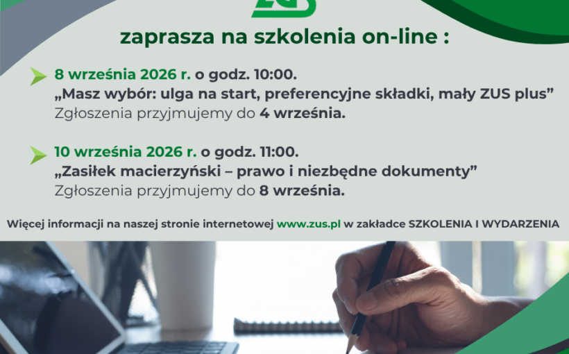 Informacja dot. szkoleń organizowanych przez ZUS Oddział Częstochowa.
